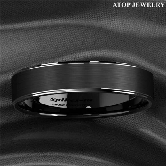 Men's Wedding Band 6mm Black Brushed Silver Edge Stripe - Engagement Rings - Picture 6 of 8